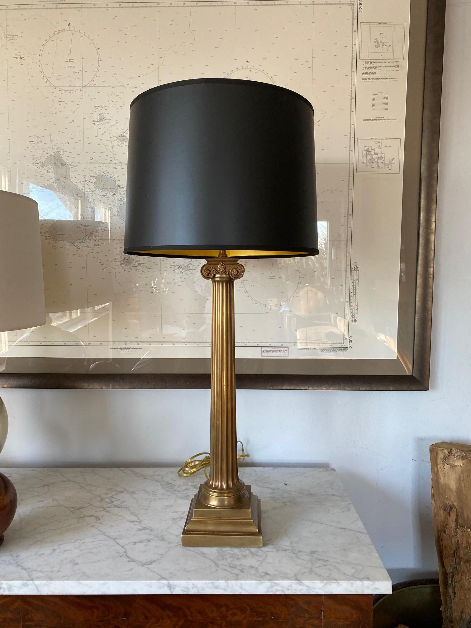 Handsome pair of bronzed fluted ionic column lamps 20th century.
Shades not Included.