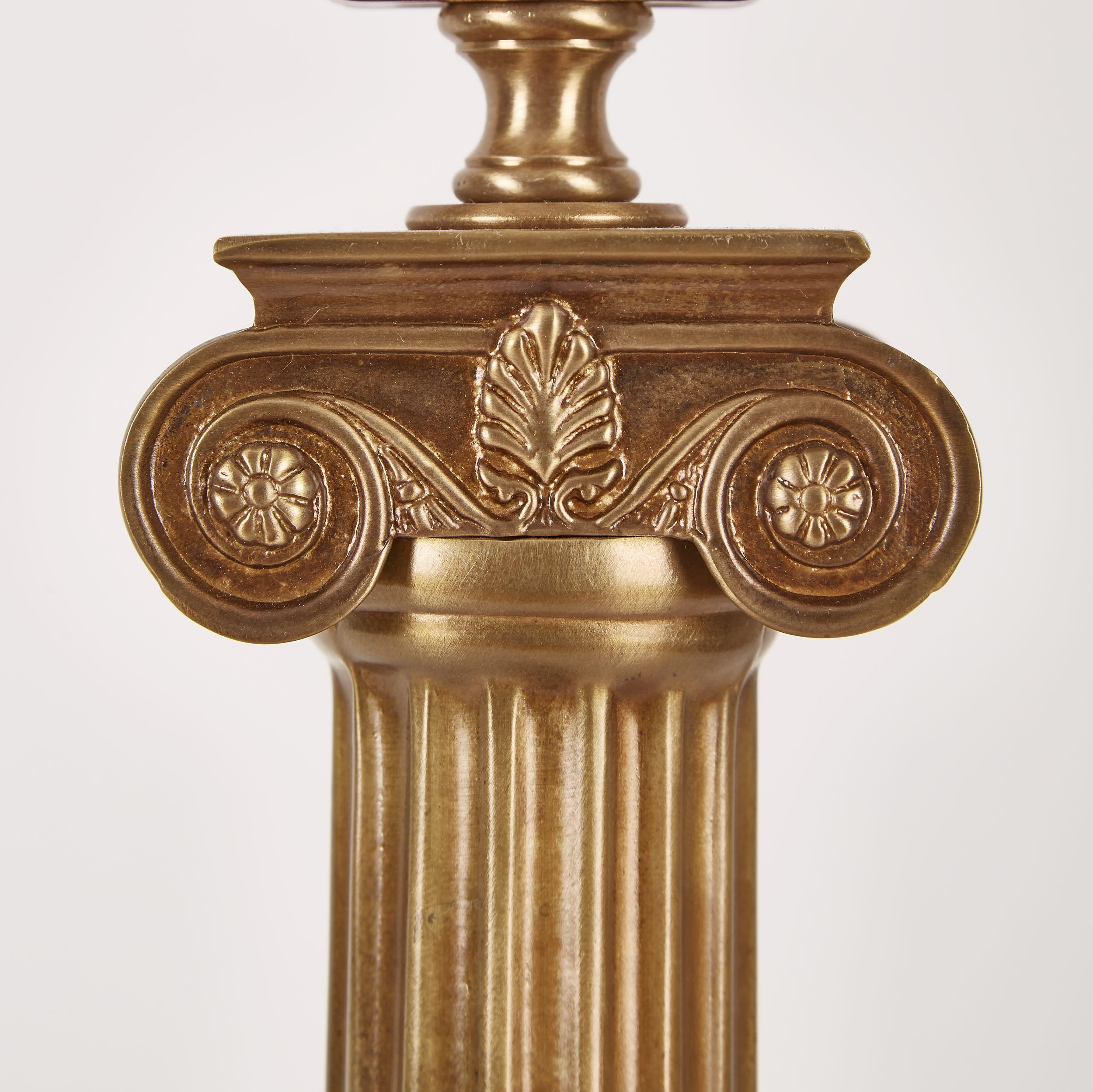 Neoclassical Pair of Bronzed Fluted Ionic Column Lamps 20th Century. Shades not included.