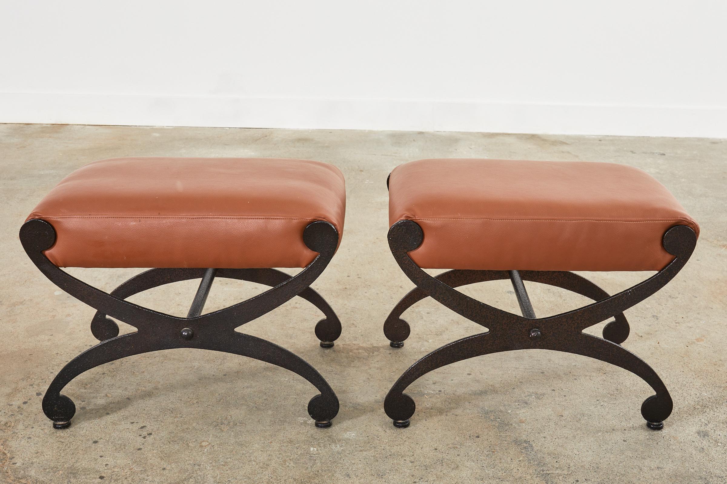 Neoclassical Pair of Bronzed Iron X-base Leather Stools or Curule Benches