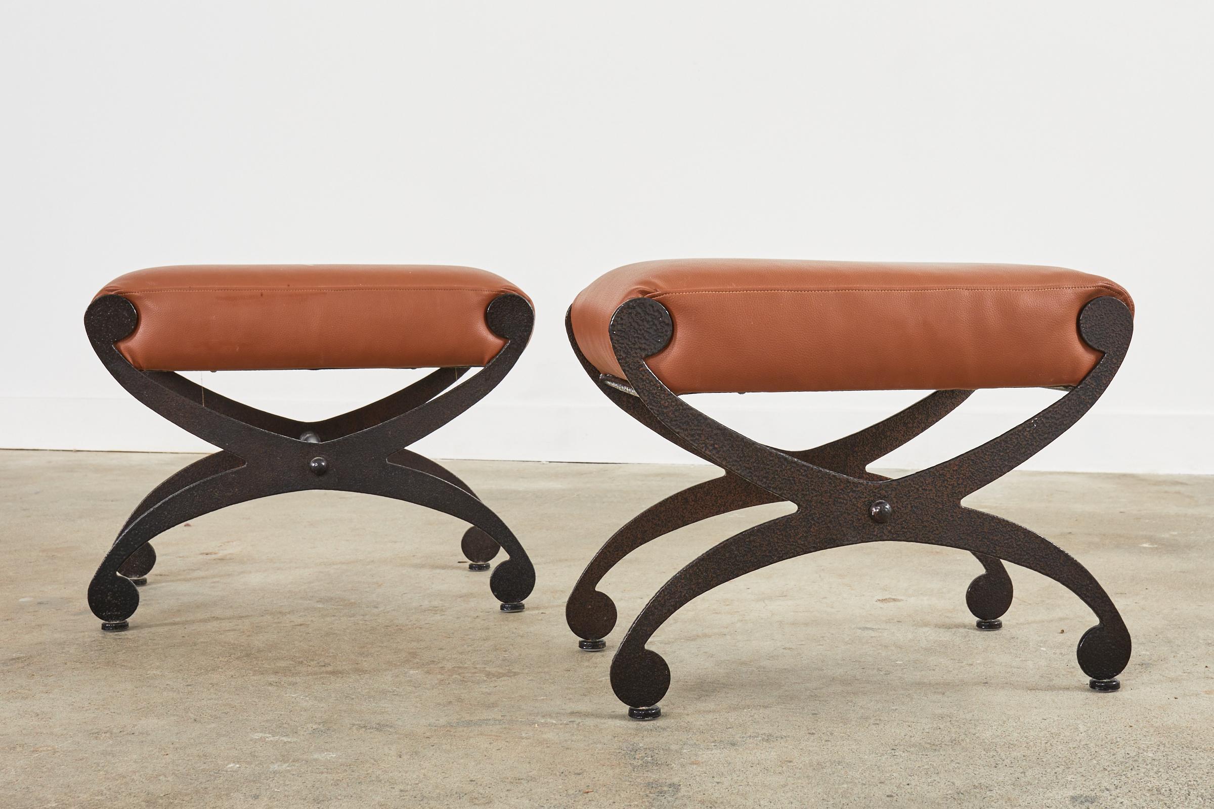 Powder-Coated Pair of Bronzed Iron X-base Leather Stools or Curule Benches