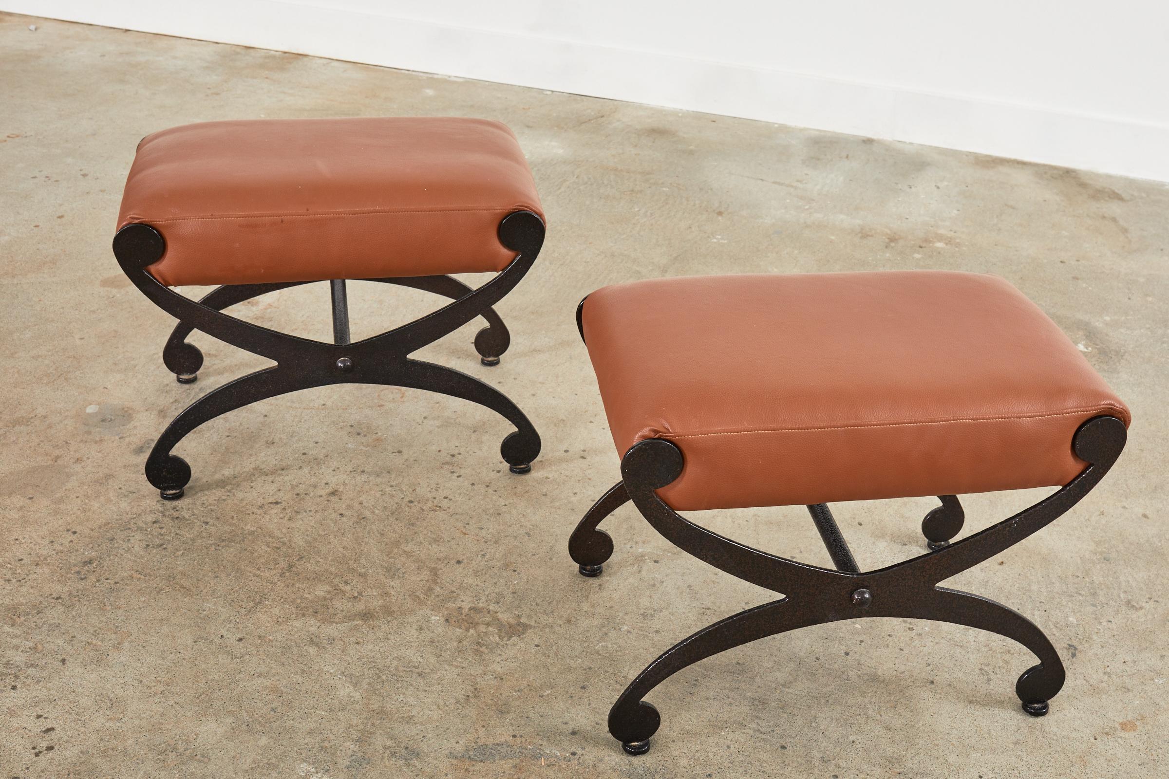 Pair of Bronzed Iron X-base Leather Stools or Curule Benches In Good Condition In Rio Vista, CA