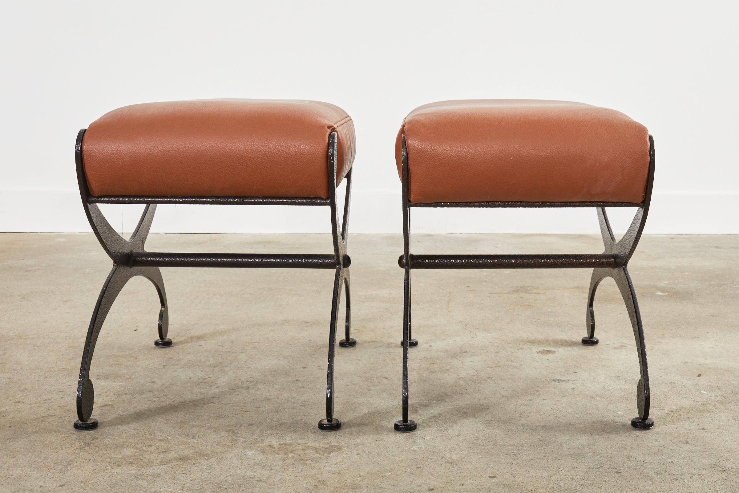 Contemporary Pair of Bronzed Iron X-base Leather Stools or Curule Benches