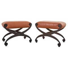 Pair of Bronzed Iron X-base Leather Stools or Curule Benches