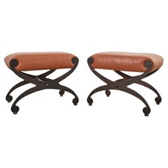 Pair of Bronzed Iron X-base Leather Stools or Curule Benches