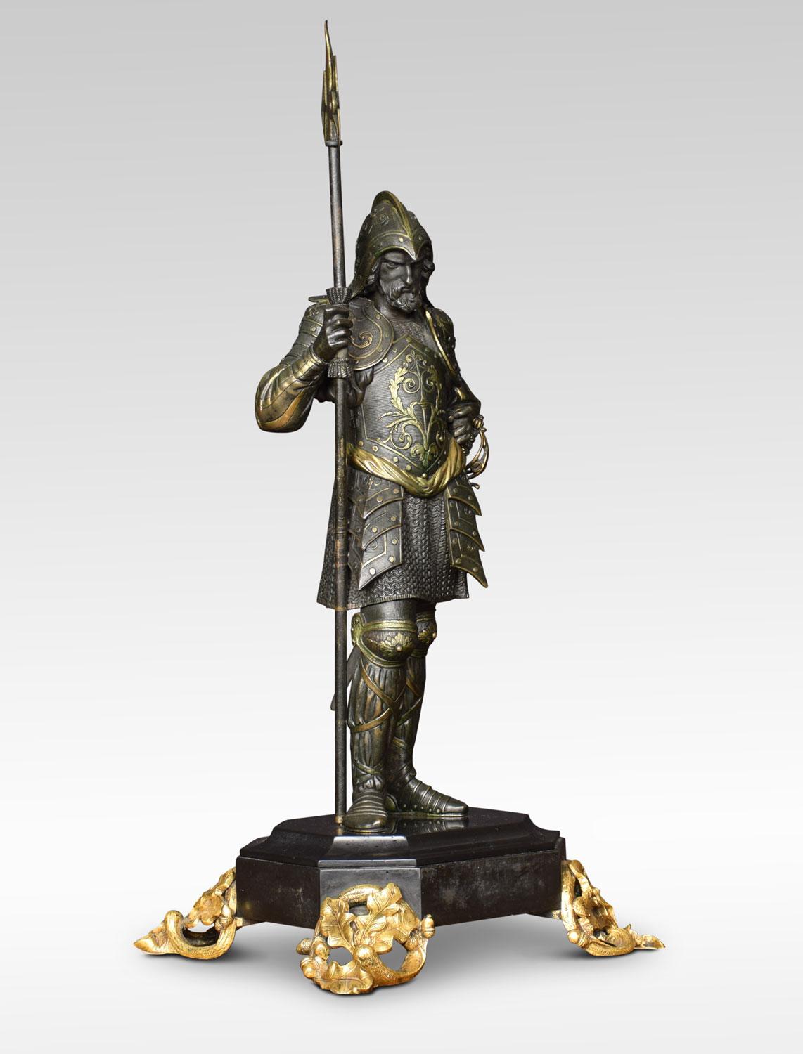 Pair of bronzed medieval soldiers dressed in armour, each mounted on octagonal base with gilt metal feet in the form of oak branches.
Dimensions:
Height 25 inches
Width 11 inches
Depth 10 inches.