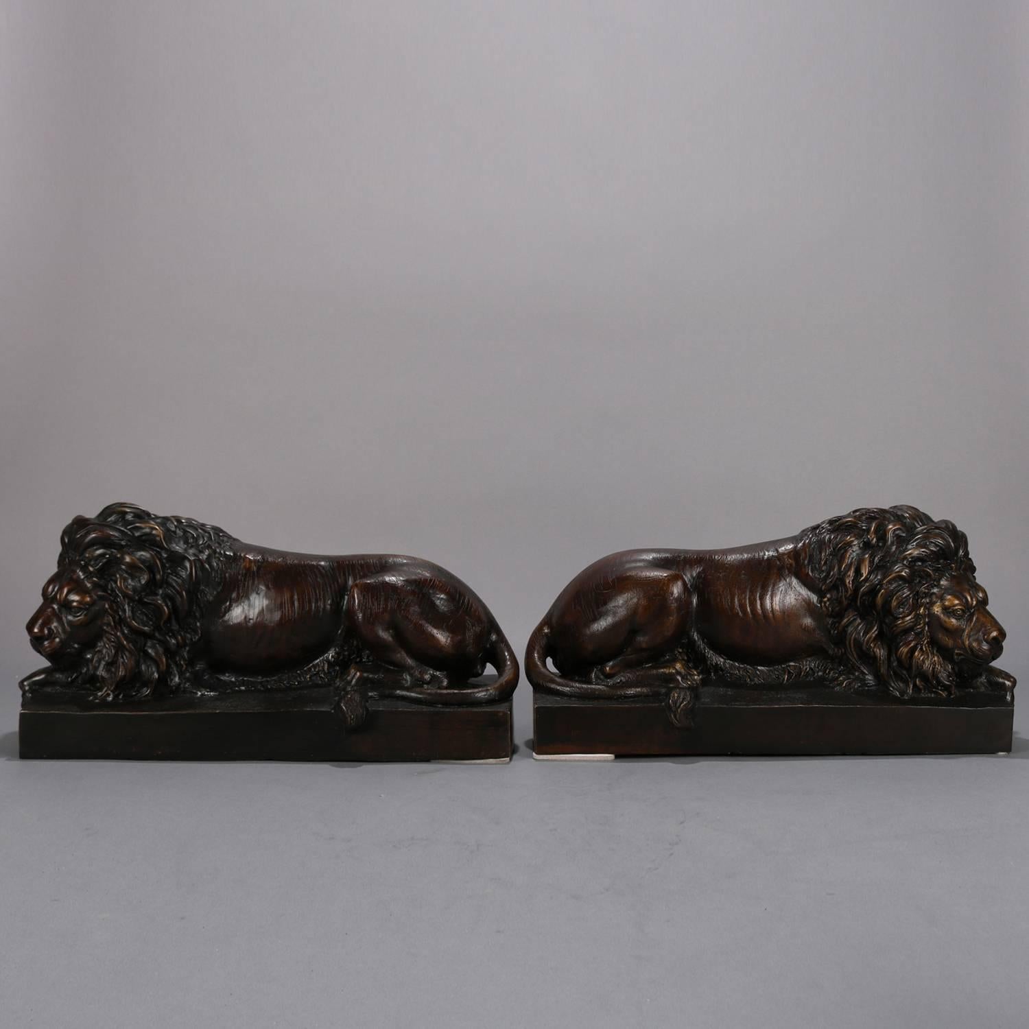 Pair of Bronzed Metal Sculptures of Recumbent African Lions, 20th Century 6