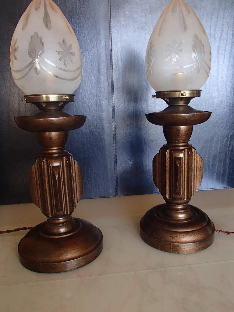 Pair of Bronzed Wooden Table Lamps Engraved Glass Shades For Sale 1