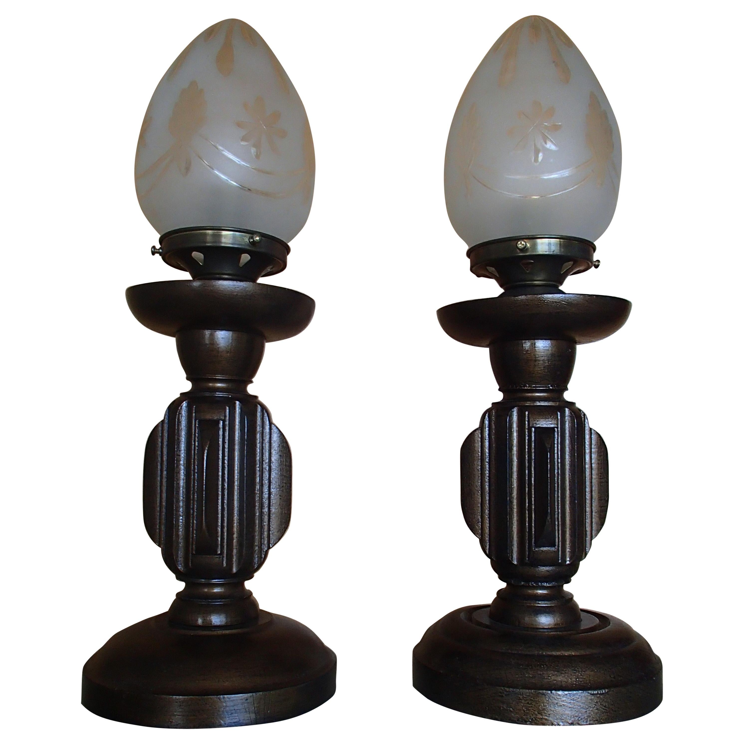 Pair of Bronzed Wooden Table Lamps Engraved Glass Shades For Sale