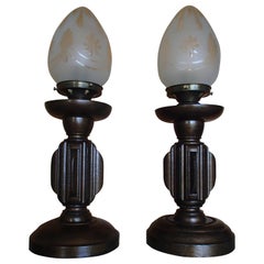 Antique Pair of Bronzed Wooden Table Lamps Engraved Glass Shades