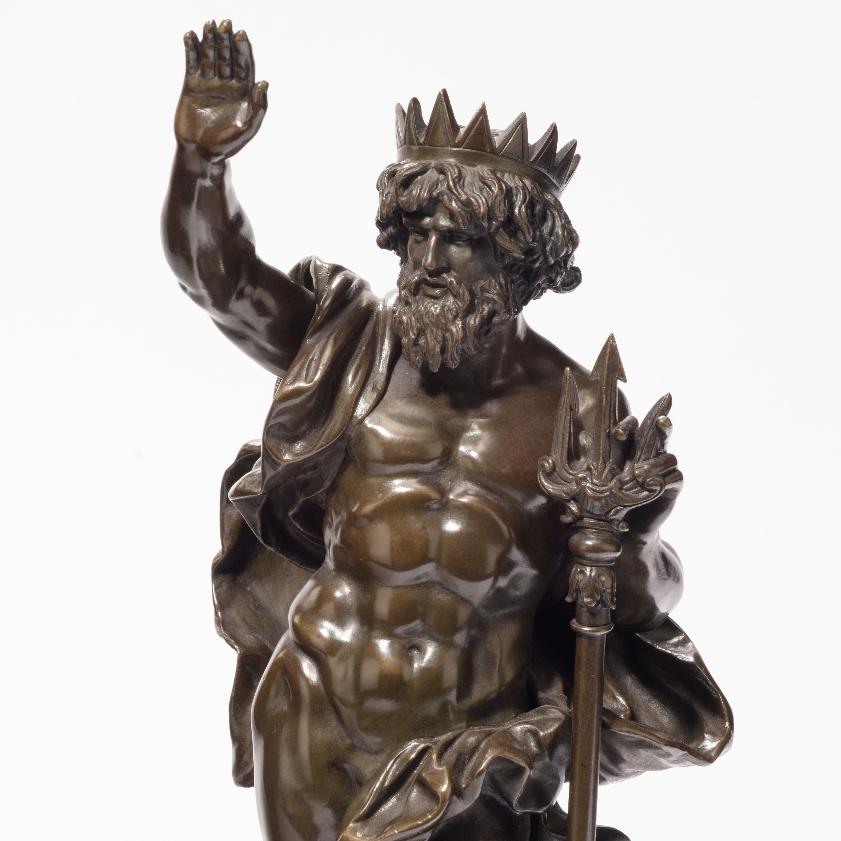 A pair of bronzes depicting Poseidon (Neptune) and Amphitrite by the Moreau Atelier, Neptune shown with his right arm raised to quell the oceans, holding a trident and with a hippocampus at his feet, Amphitrite upending a shell encrusted amphora and