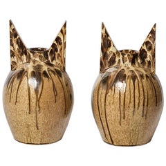 Pair of Brown and Black Ceramic Vases by Joseph Talbot La Borne Art Deco