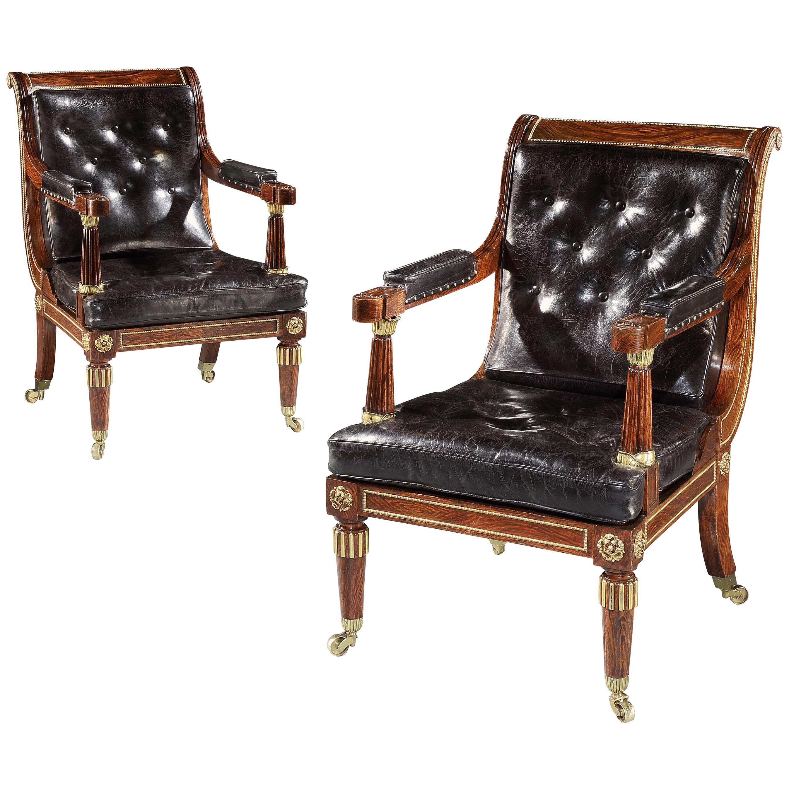 Pair of Brown and Black Rosewood and Leather George IV Library Chairs
