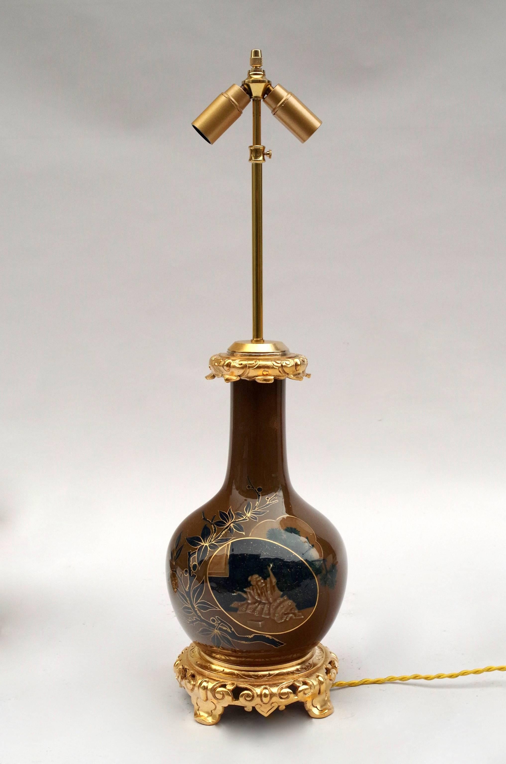 Japonisme Pair of Brown and Blue Porcelain Lamps, Japanese Style, Late 19th Century For Sale
