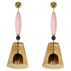 Pair of brown and pink glass pendants, Italy