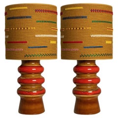 Pair of Brown and Red Ceramic Table Lamp with Custom Lampshade by René Houben