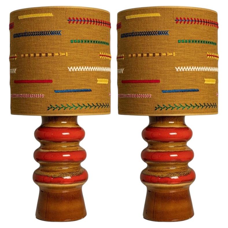 Pair of Brown and Red Ceramic Table Lamp with Custom Lampshade by René Houben