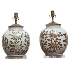 Pair of Brown and White Asian-Style Ceramic Table Lamps on Lucite Bases