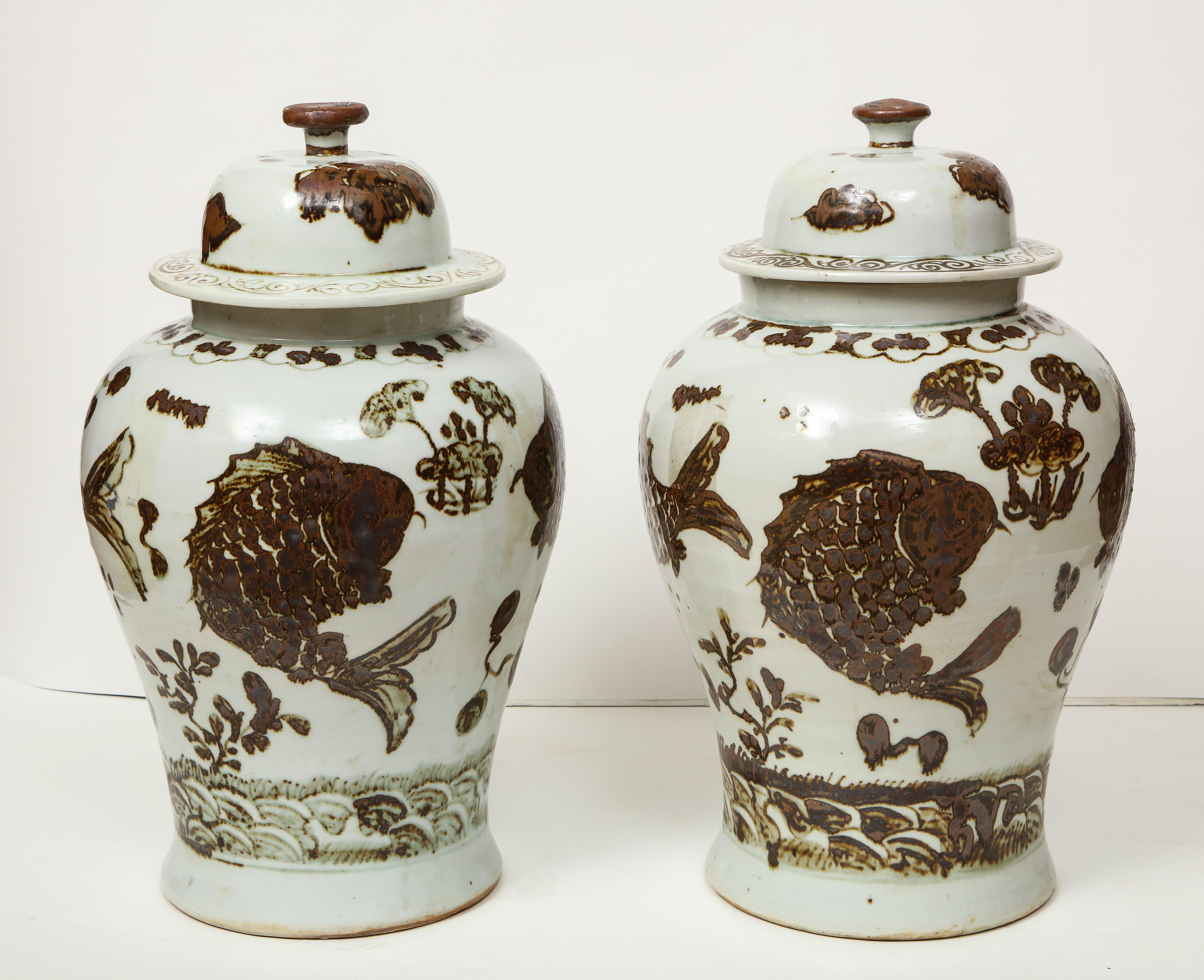 Pair of Brown and White Ginger Jars 1