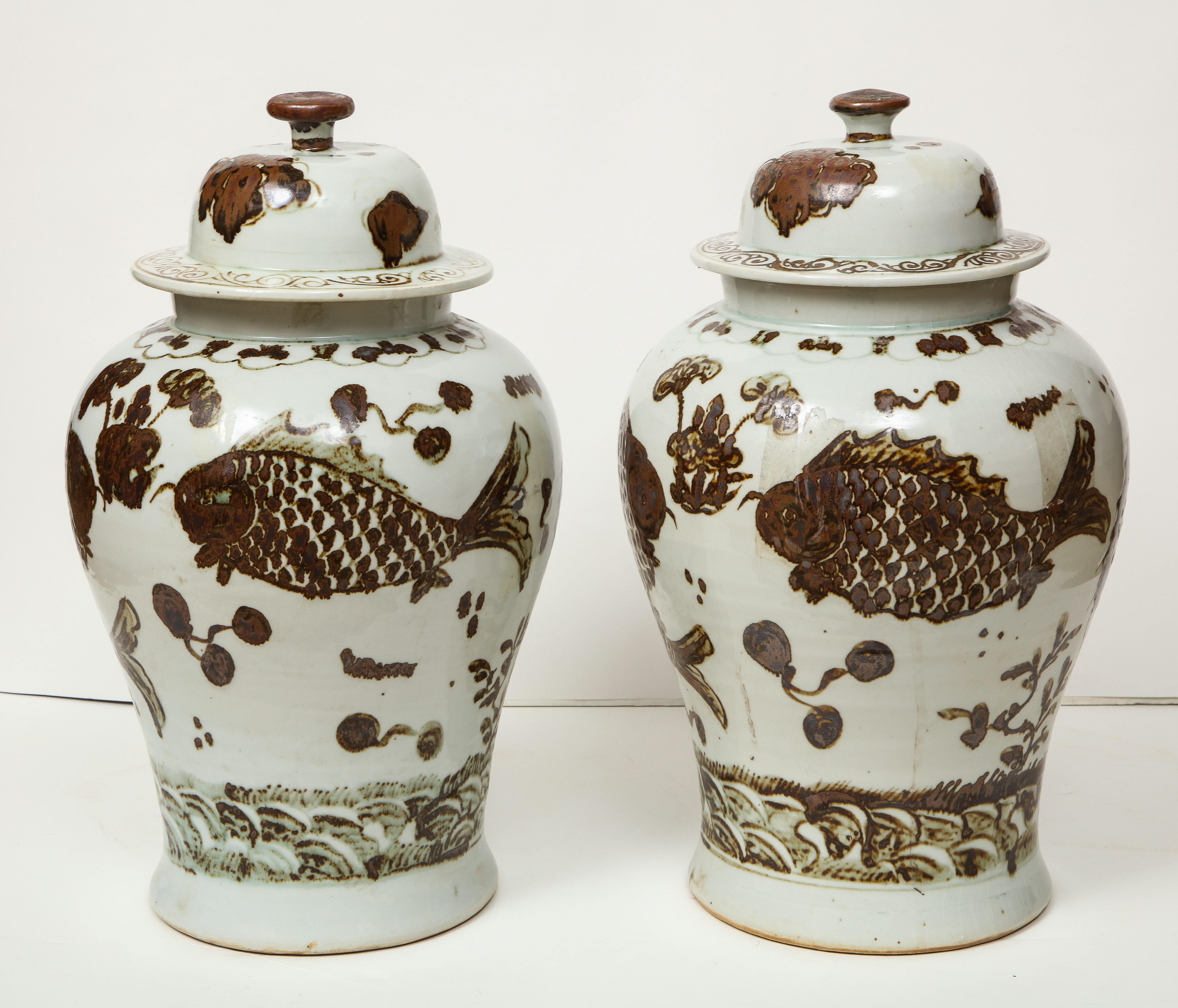 Chinese Pair of Brown and White Ginger Jars