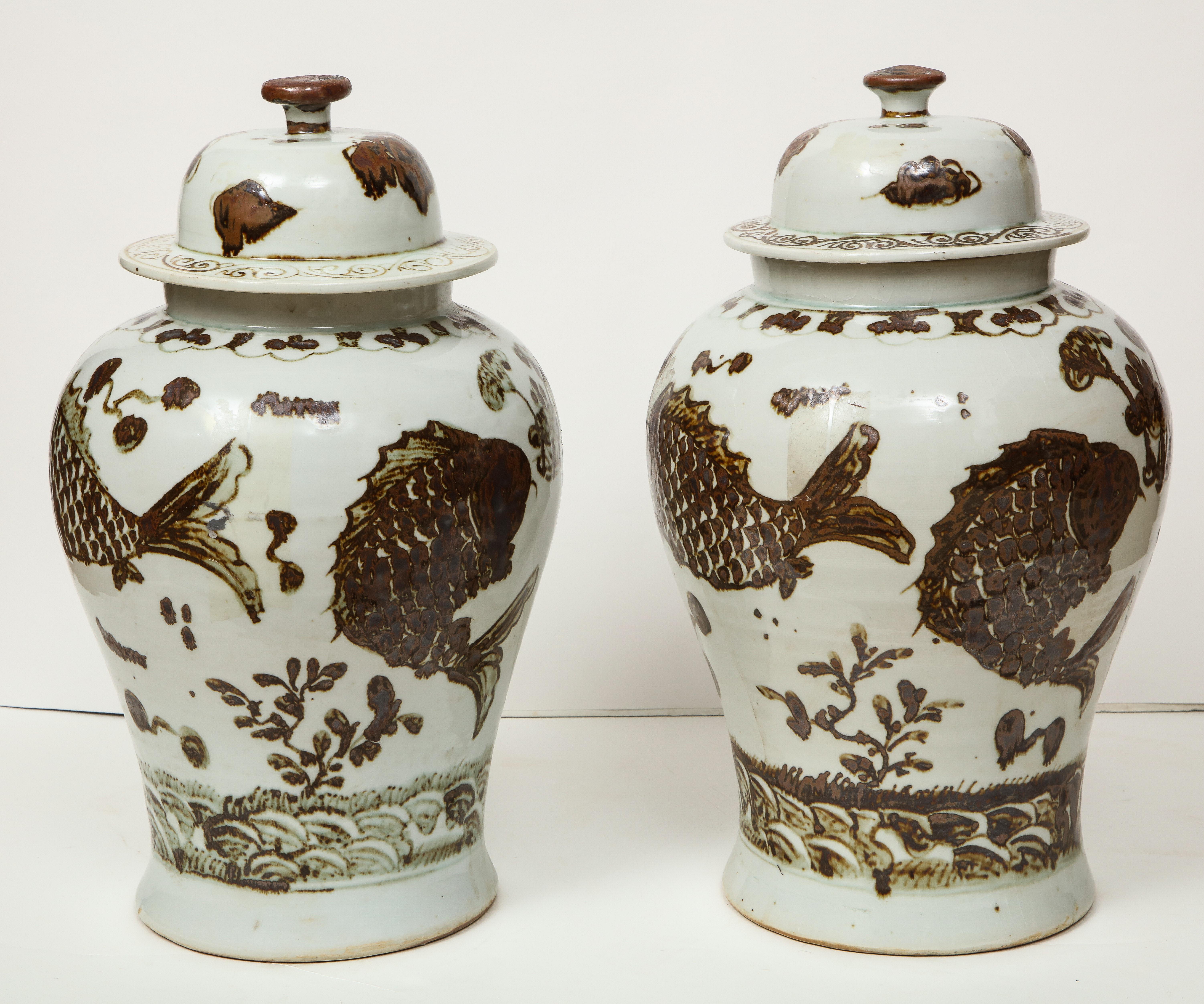 Porcelain Pair of Brown and White Ginger Jars
