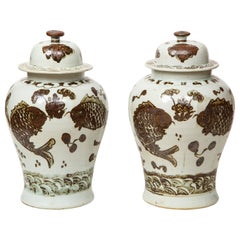 Pair of Brown and White Ginger Jars