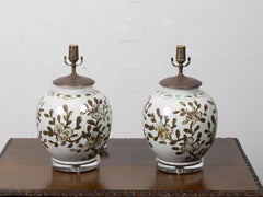 Pair of Brown and White Porcelain Table Lamps on Lucite Bases with Floral Decor