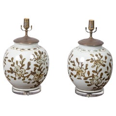 Pair of Brown and White Porcelain Table Lamps on Lucite Bases with Floral Decor