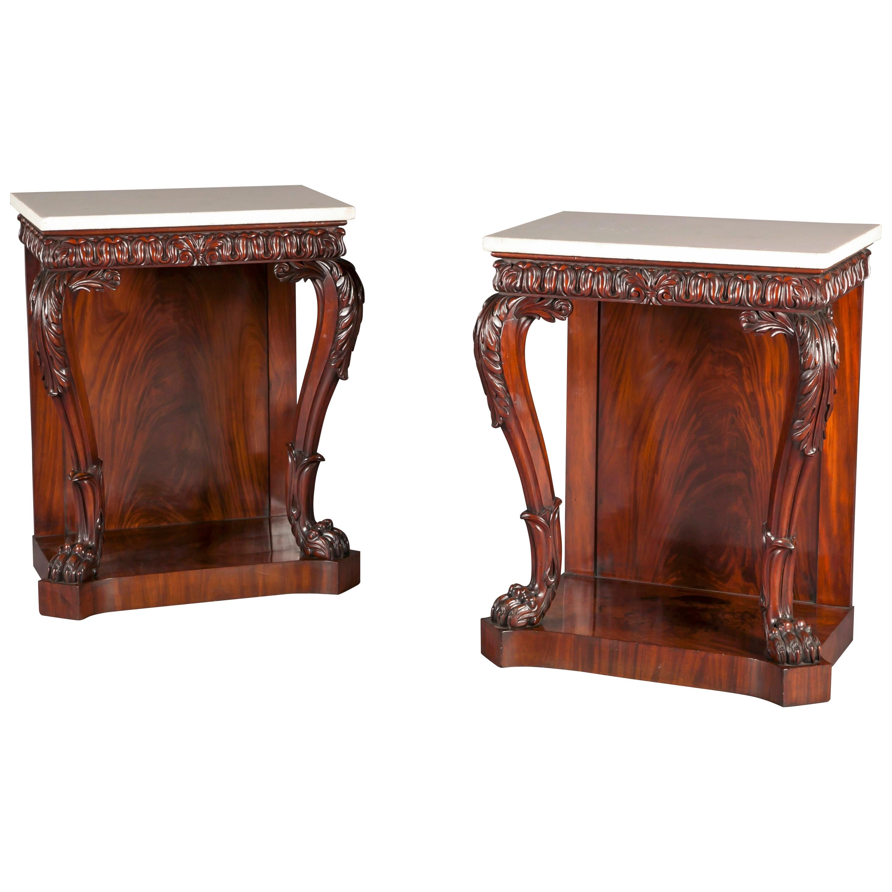 Pair of Brown and White Regency Mahogany Console Tables