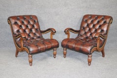 Pair of Brown Antiqued Leather Plantation or Campeche Chairs with Ottoman