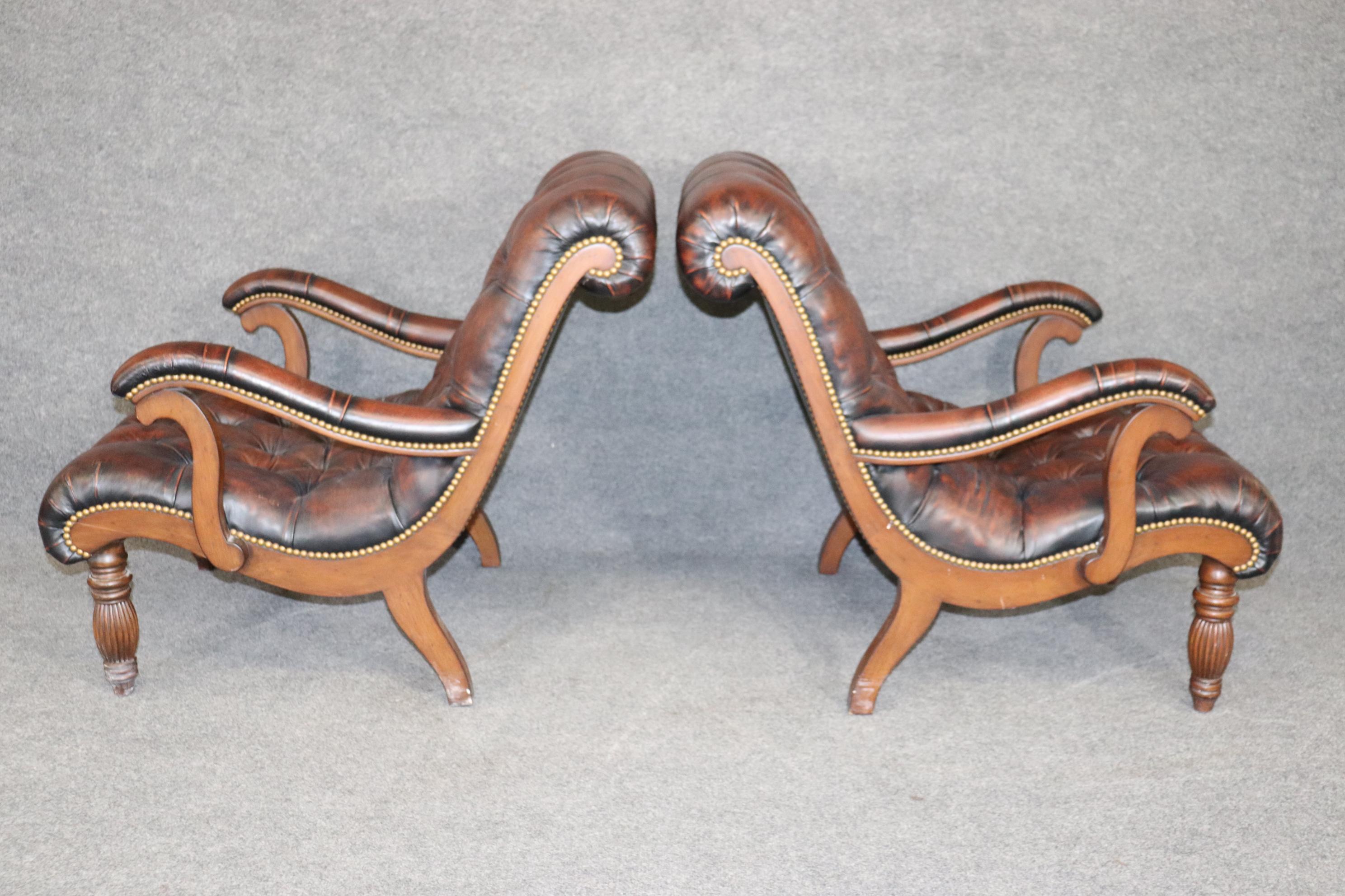 Unknown Pair of Brown Antiqued Leather Plantation or Campeche Chairs with Ottoman 