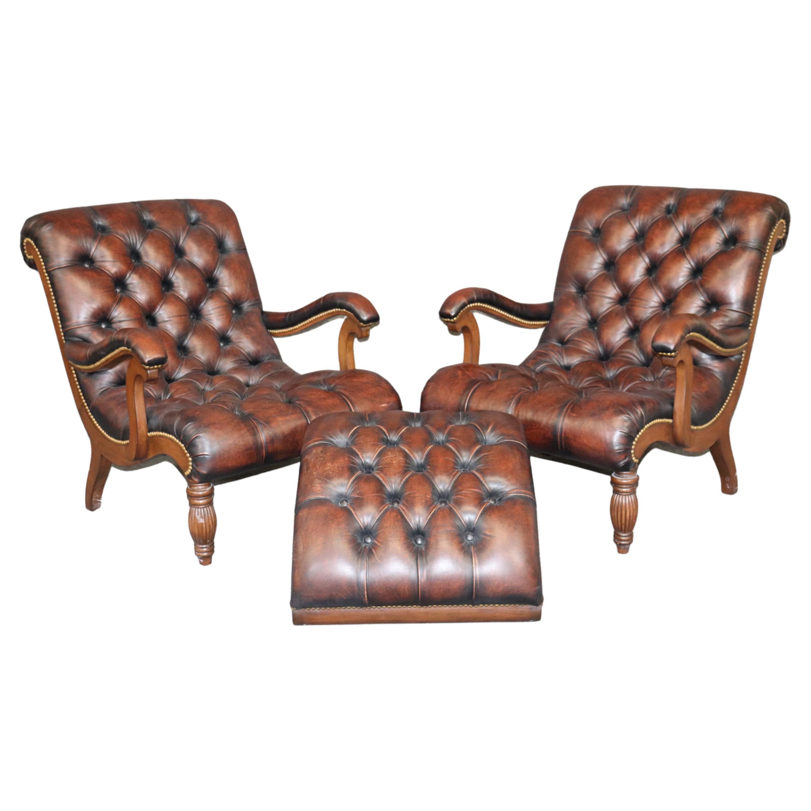 Pair of Brown Antiqued Leather Plantation or Campeche Chairs with Ottoman 