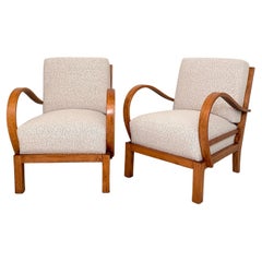 Pair of Brown Art Deco Armchairs Upholstered in Ivory Grey Wool Boucle, 1930s