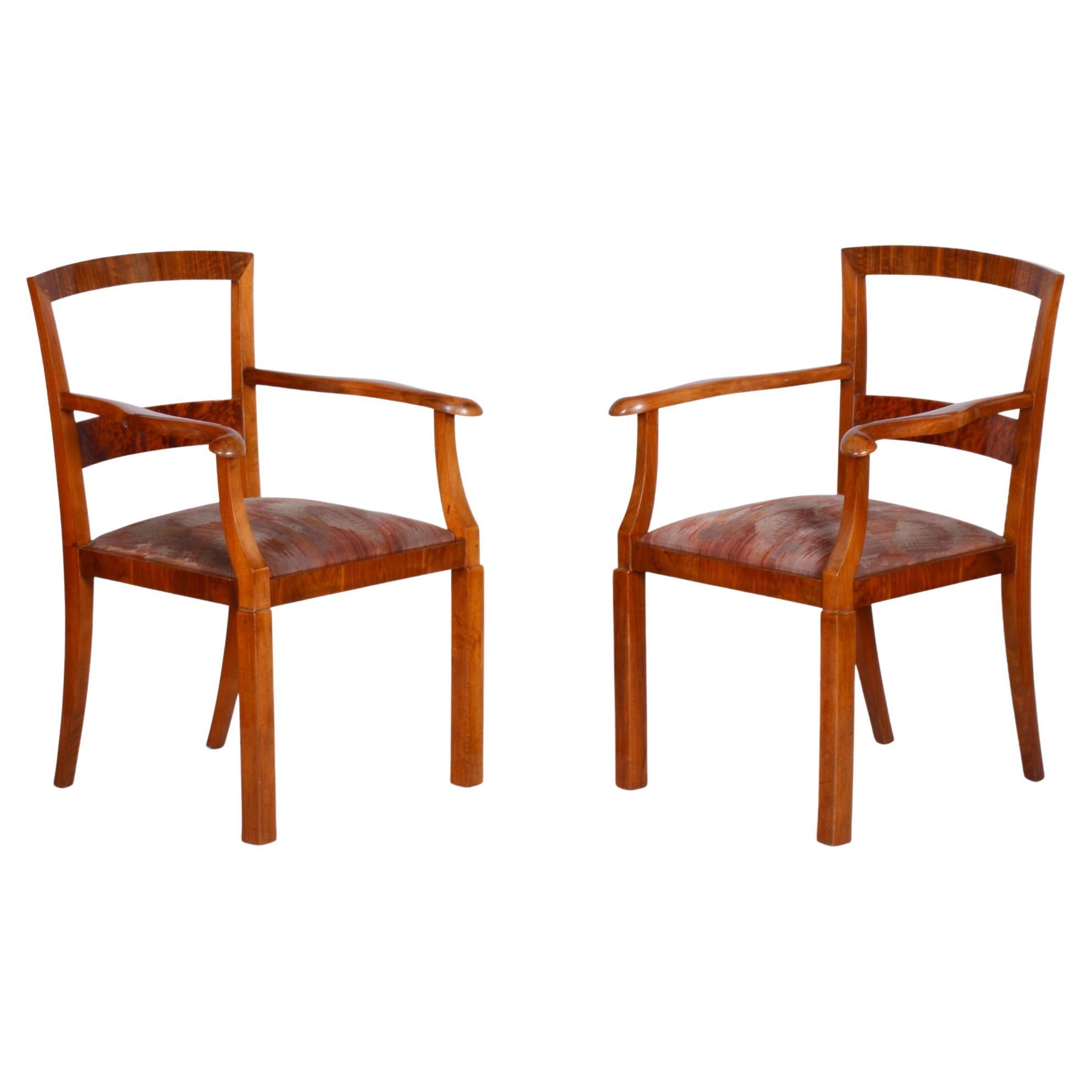 Pair of Brown ArtDeco Beech Armchairs, 1920s, Original Upholstery For Sale