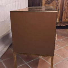 Pair of Brown Bedside Tables in Murano Glass, Brass and Grey Velvet Available