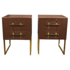 Pair of Brown Bedside Tables in Murano Glass, Brass and Grey Velvet Available