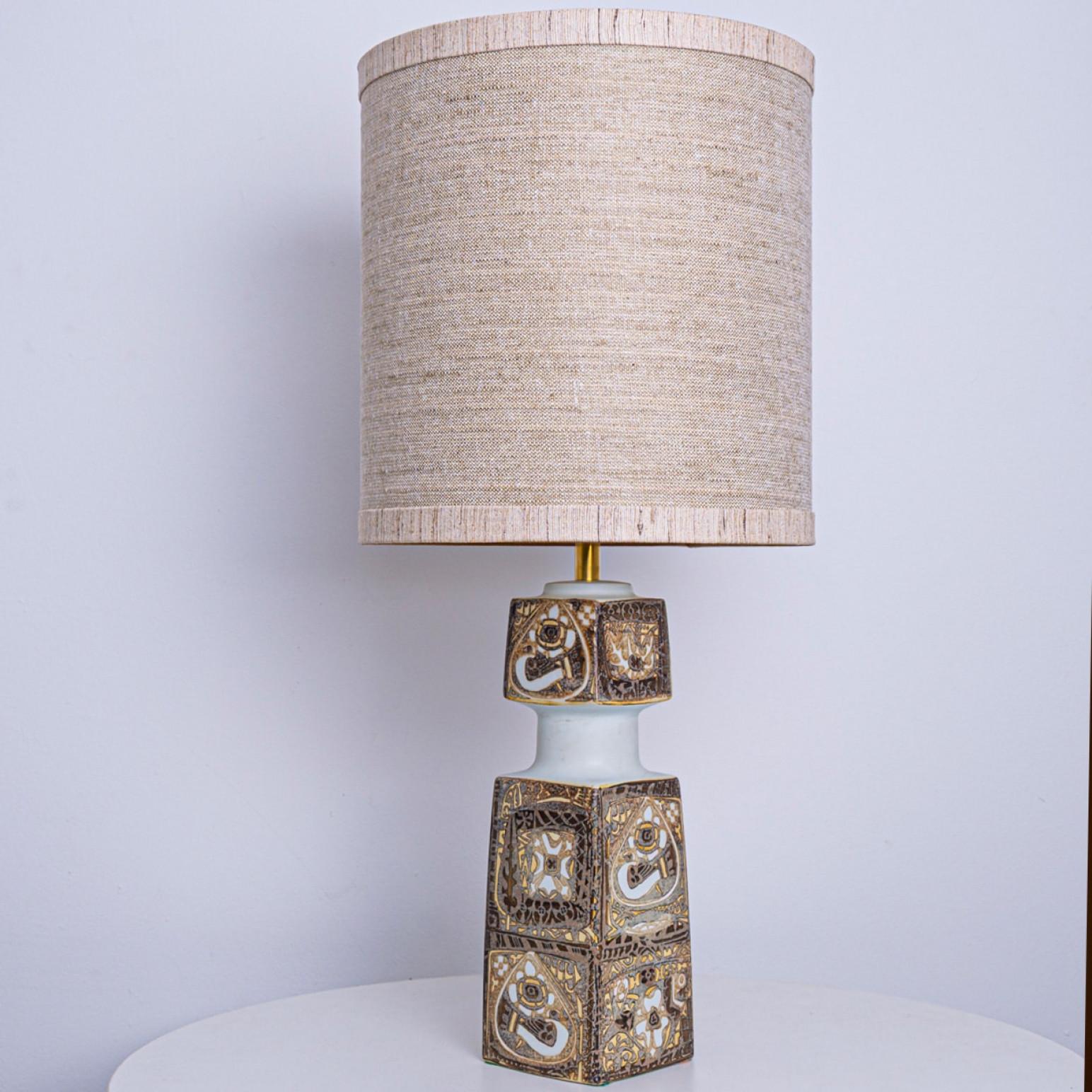 Pair of Brown Beige Ceramic Floor Table Lamp, Lampshade by R. Houben For Sale 4