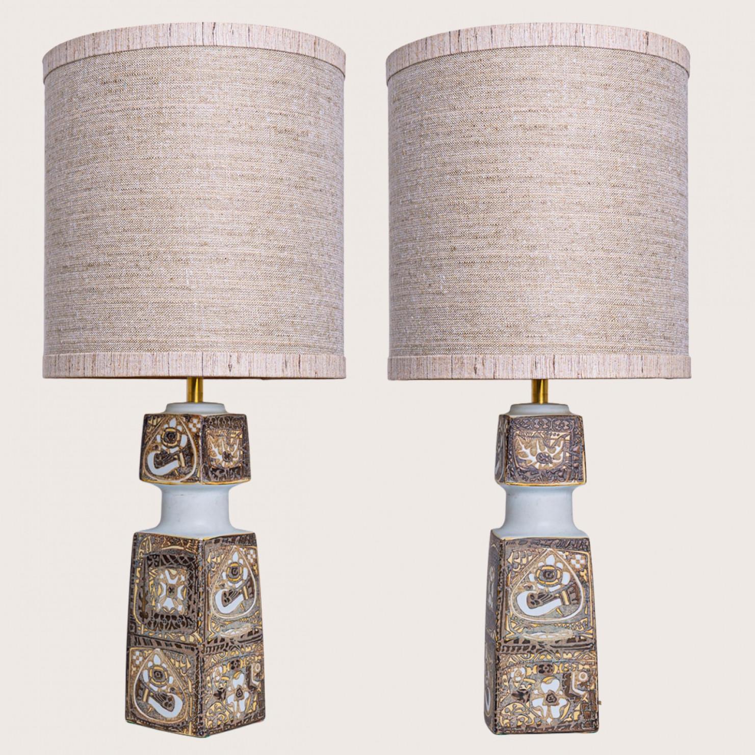 Mid-Century Modern Pair of Brown Beige Ceramic Floor Table Lamp, Lampshade by R. Houben For Sale