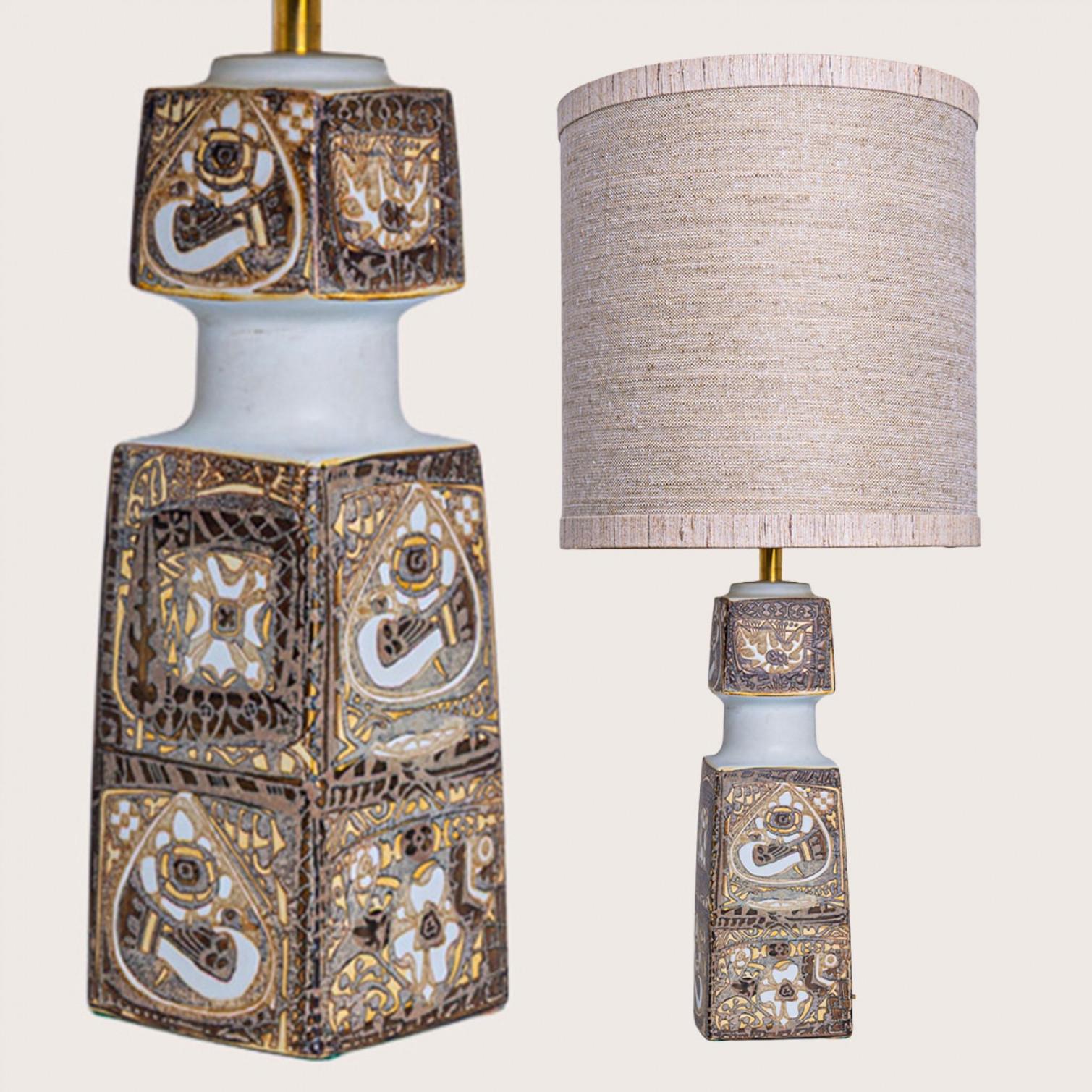 Danish Pair of Brown Beige Ceramic Floor Table Lamp, Lampshade by R. Houben For Sale
