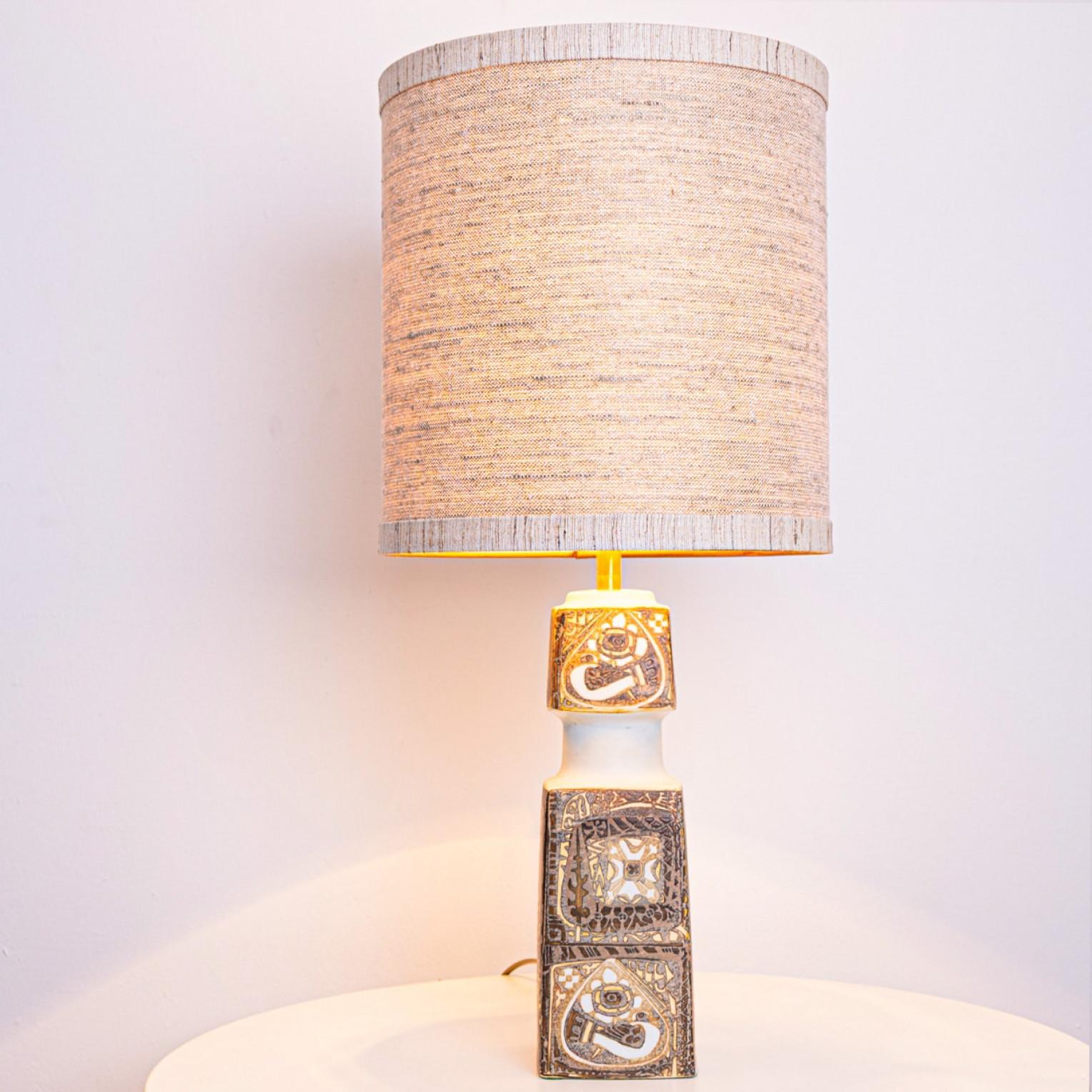 Pair of Brown Beige Ceramic Floor Table Lamp, Lampshade by R. Houben For Sale 2