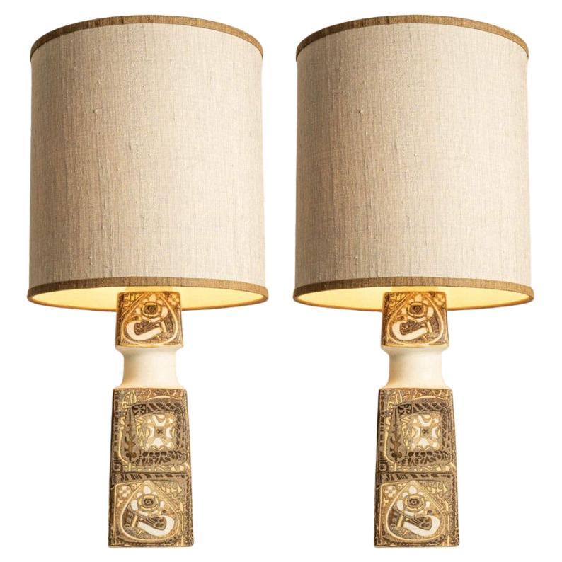 Pareja de lámparas de pie de cerámica marrón beige, pantalla de R. Houben
