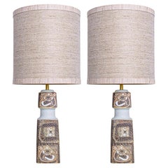 Coppia di lampade da tavolo in ceramica marrone beige, paralume di R. Houben
