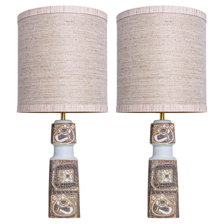 Pair of Brown Beige Ceramic Floor Table Lamp, Lampshade by R. Houben For Sale