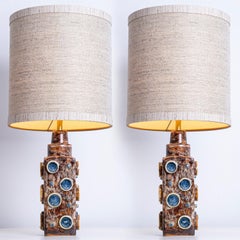 Pair of Brown Blue Soholm Lamps with Custom Lampshades René Houben, 1960s