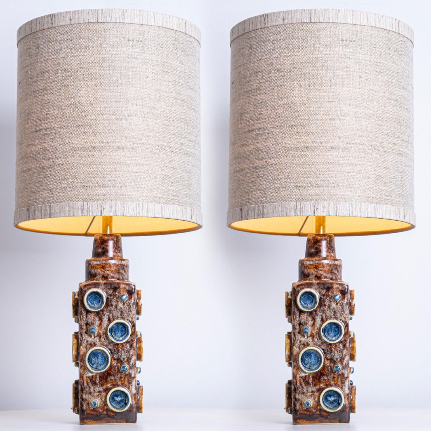 Danish Pair of Brown Blue Soholm Lamps with Custom Lampshades René Houben, 1960s For Sale