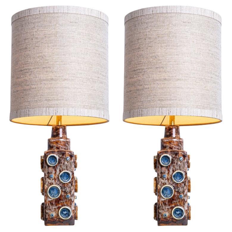 Pair of Brown Blue Soholm Lamps with Custom Lampshades René Houben, 1960s For Sale