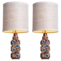 Pair of Brown Blue Soholm Lamps with Custom Lampshades René Houben, 1960s