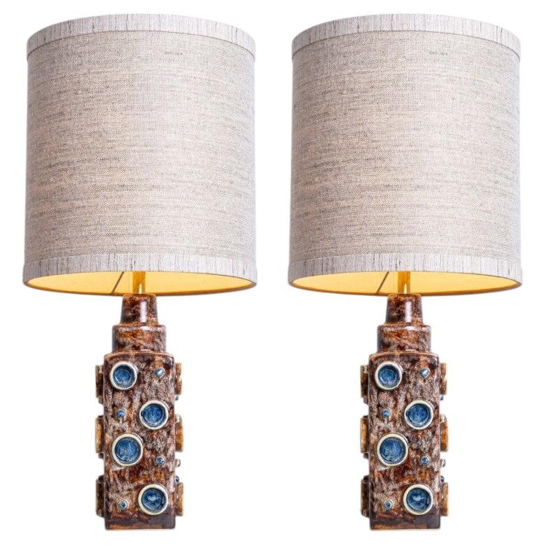 Pair of Brown Blue Soholm Lamps with Custom Lampshades René Houben, 1960s