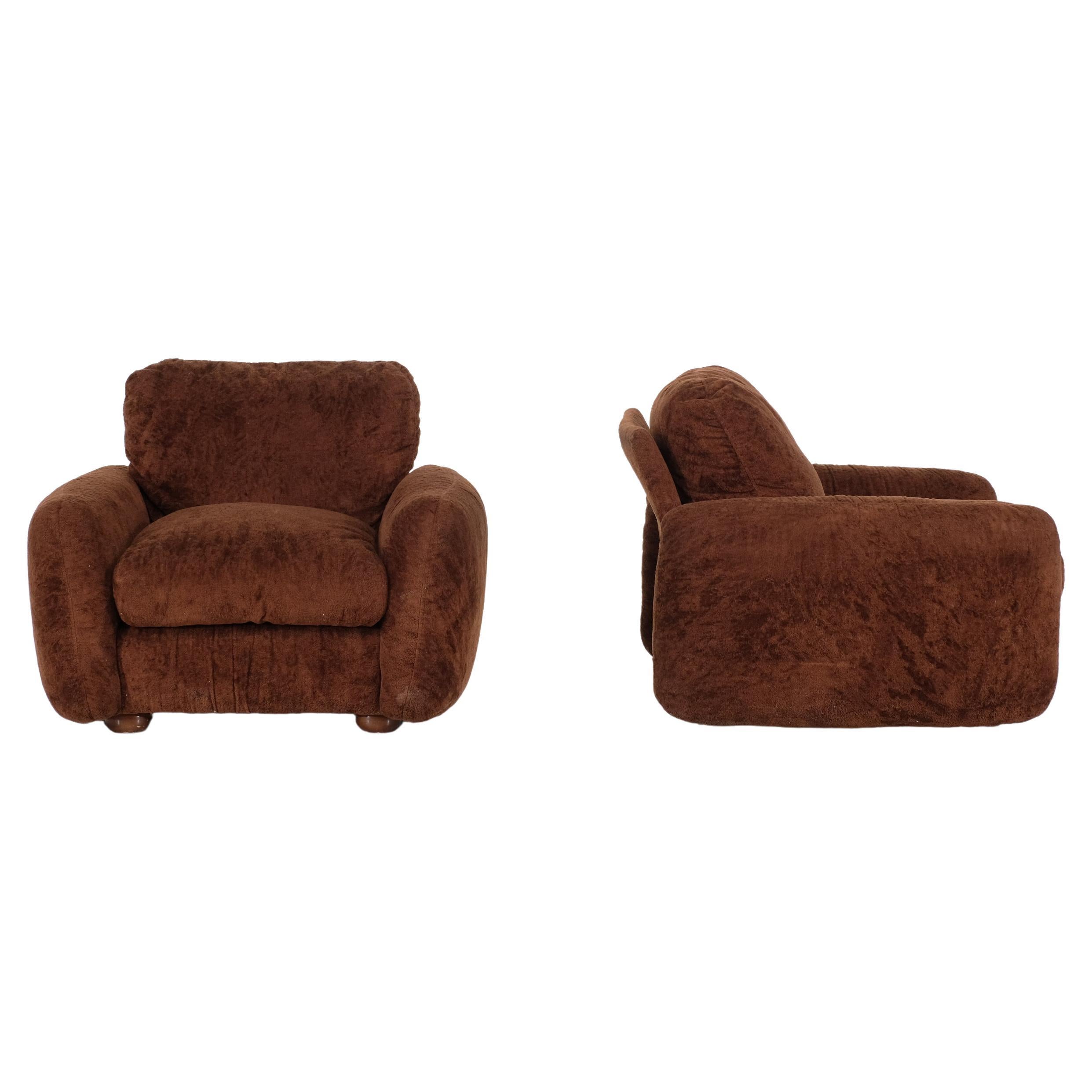 Pair of brown fabric armchairs, Italy - 1970s For Sale