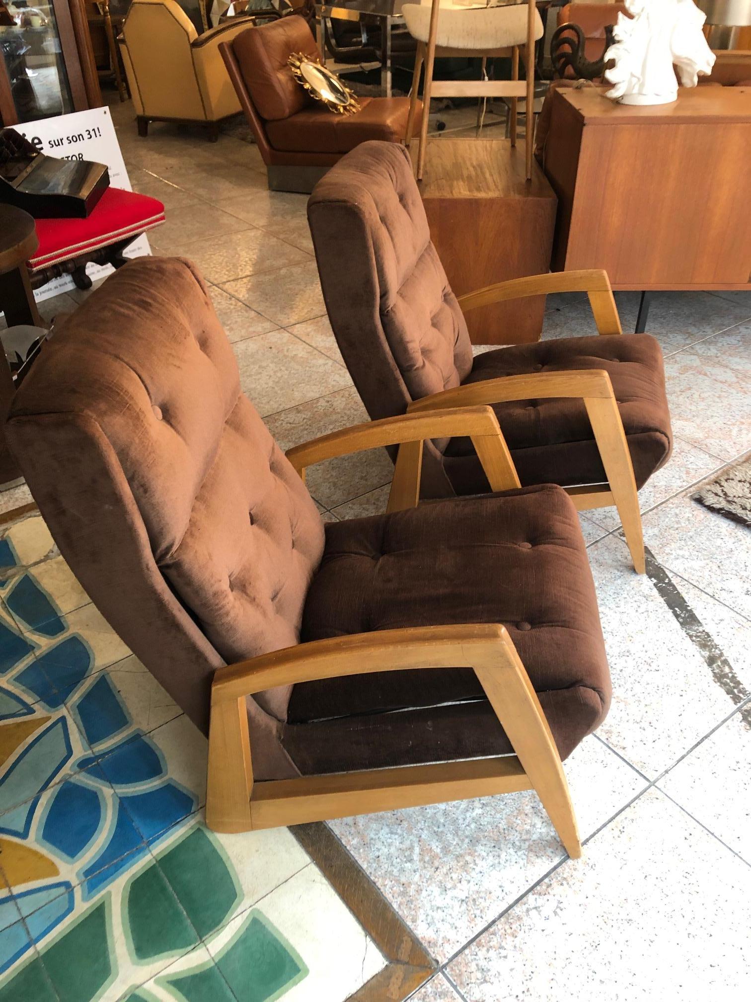 Fruitwood Pair of Brown 1950s Pierre Guariche chairs edited by Steiner 