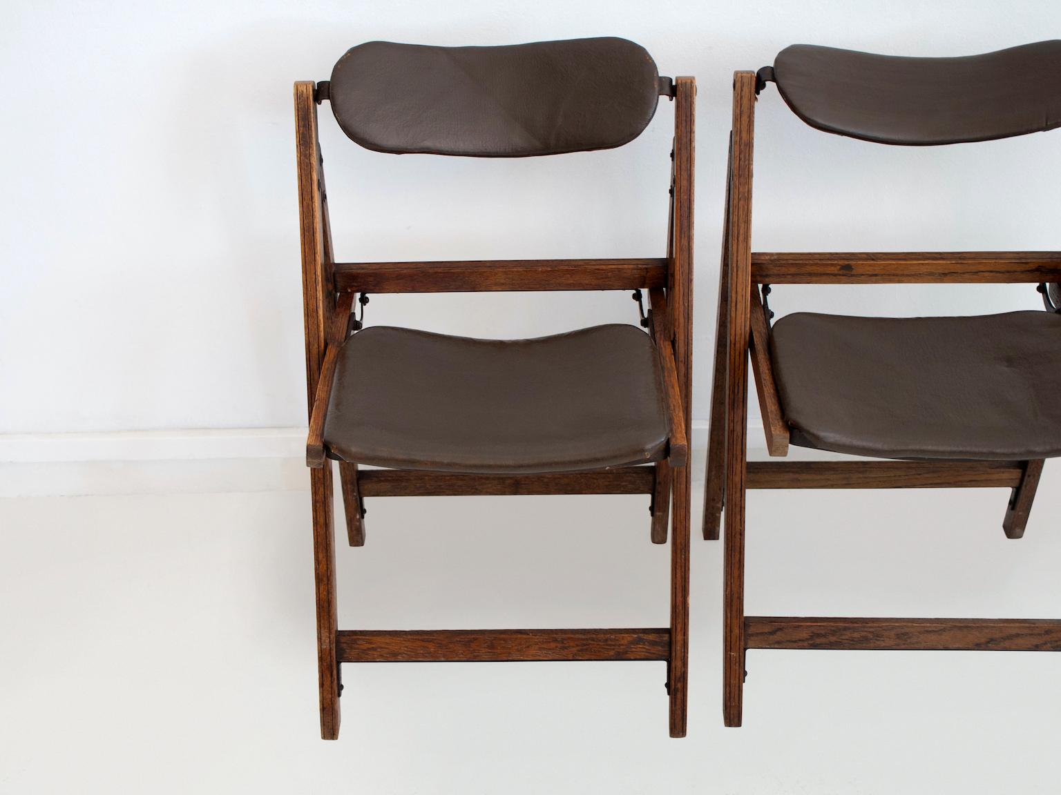 British Pair of Brown Folding Chairs with Oak Frame